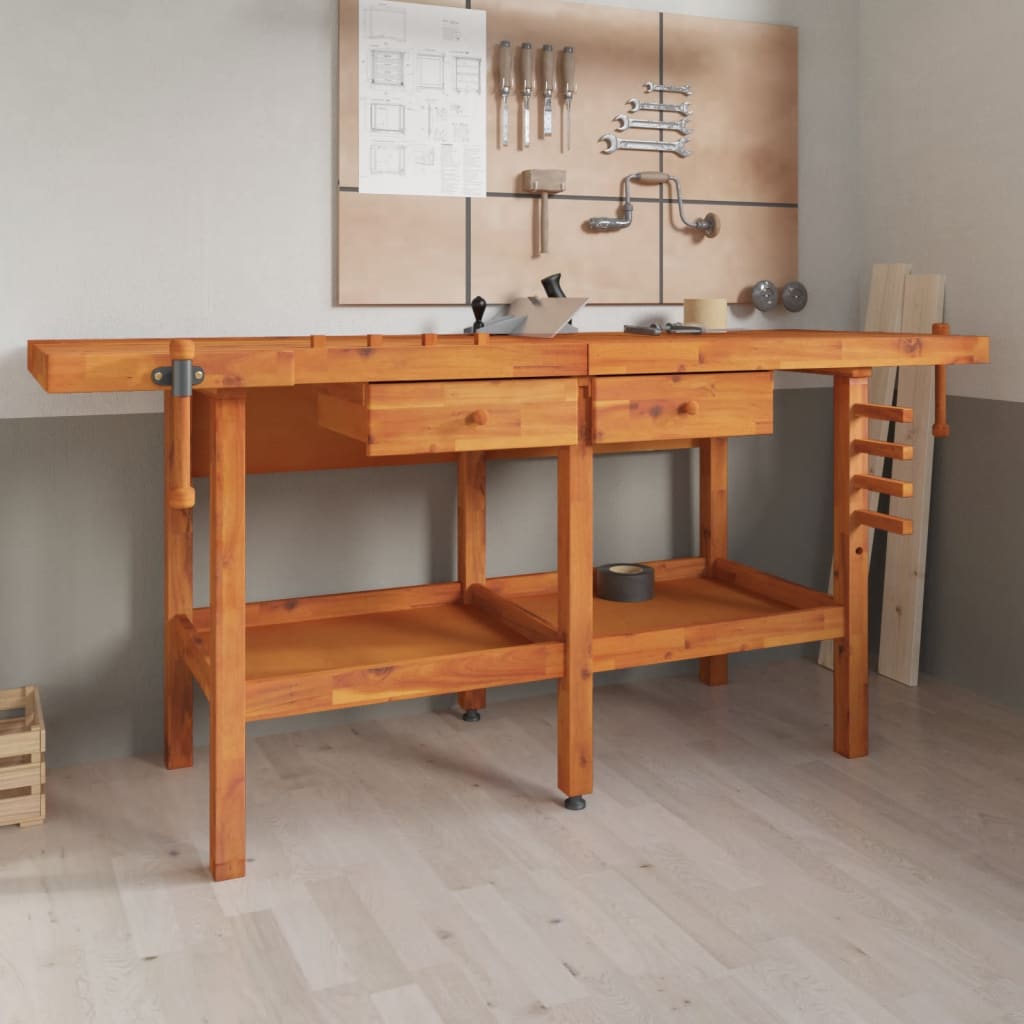JUNG Vida Werkbank mit Schubladen Schraubstöcken 192x62x83 cm Akazienholz