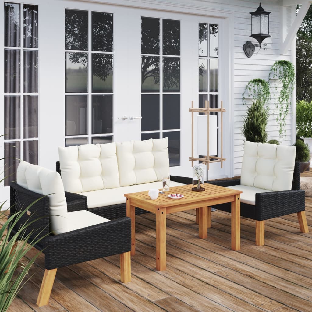 JUNG Vida 4-tlg. Garten-Lounge-Set mit Kissen Poly Rattan&Massivholz