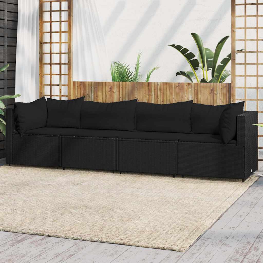 JUNG Vida 4-tlg. Garten-Lounge-Set mit Kissen Schwarz Poly Rattan