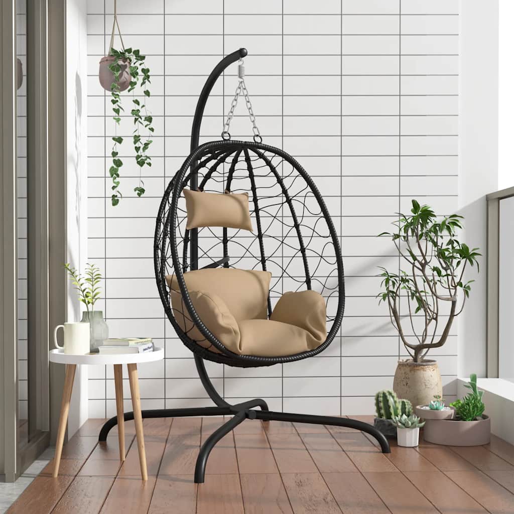 JUNG Vida Hängesessel mit Kissen Taupe Poly Rattan & Stahl