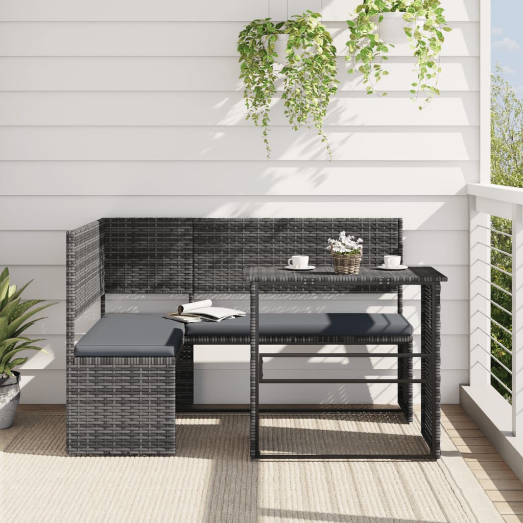 JUNG Vida Gartensofa in L-Form mit Tisch und Kissen Grau Poly Rattan