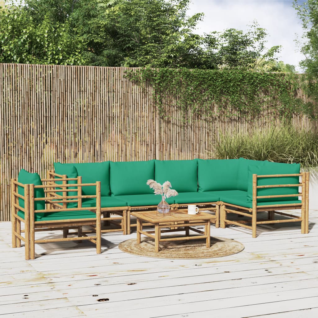 JUNG Vida 7-tlg. Garten-Lounge-Set mit Grünen Kissen Bambus