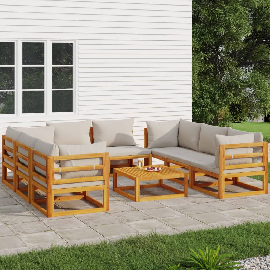 JUNG Vida 9-tlg. Garten-Lounge-Set mit Hellgrauen Kissen Massivholz