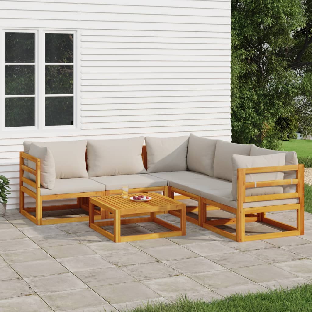 JUNG Vida 6-tlg. Garten-Lounge-Set mit Hellgrauen Kissen Massivholz