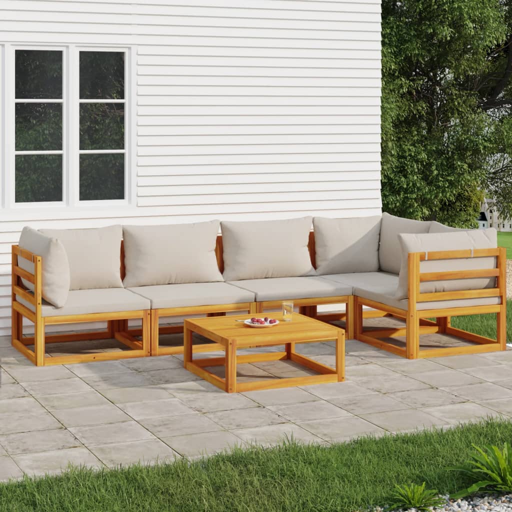 JUNG Vida 6-tlg. Garten-Lounge-Set mit Hellgrauen Kissen Massivholz