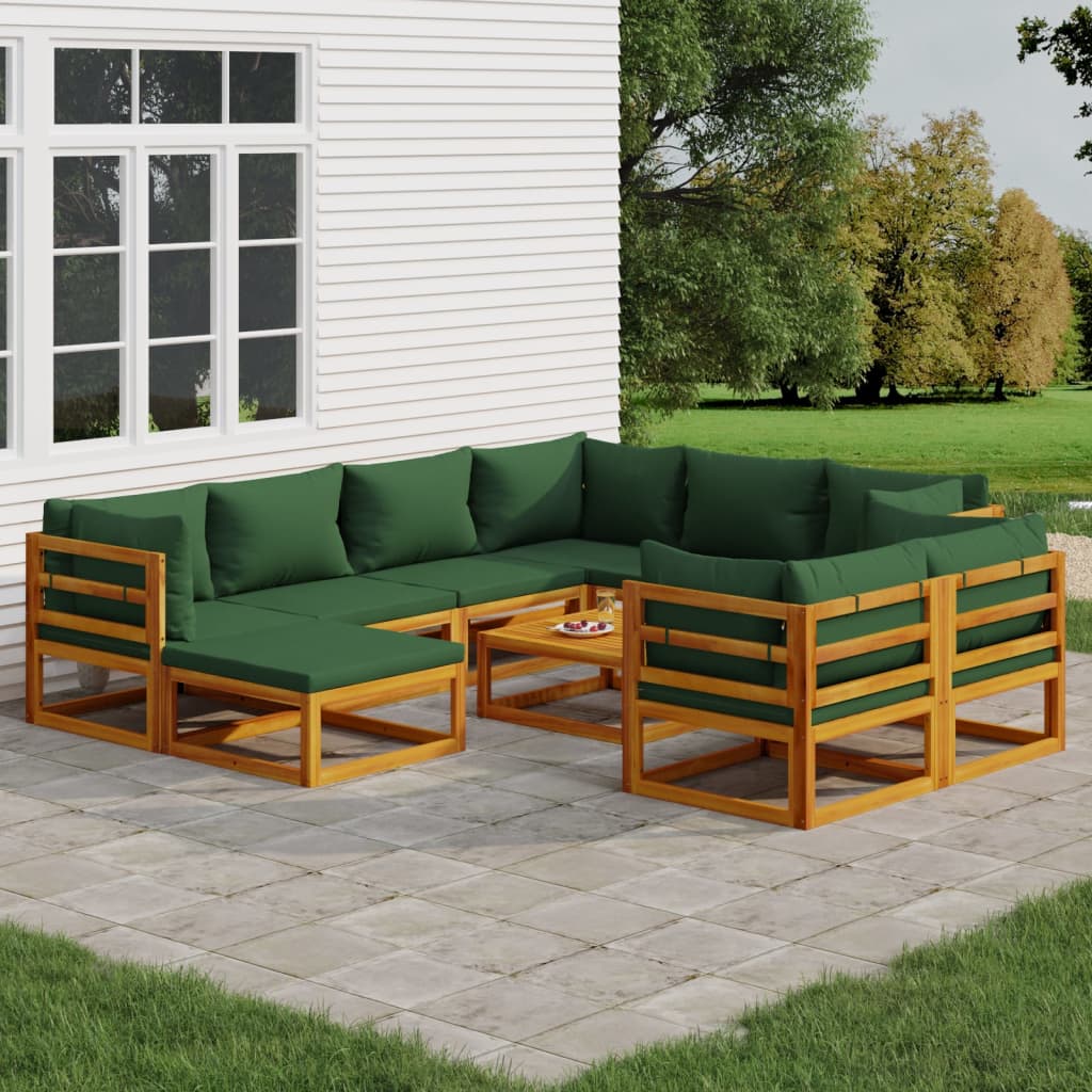 JUNG Vida 10-tlg. Garten-Lounge-Set mit Grünen Kissen Massivholz