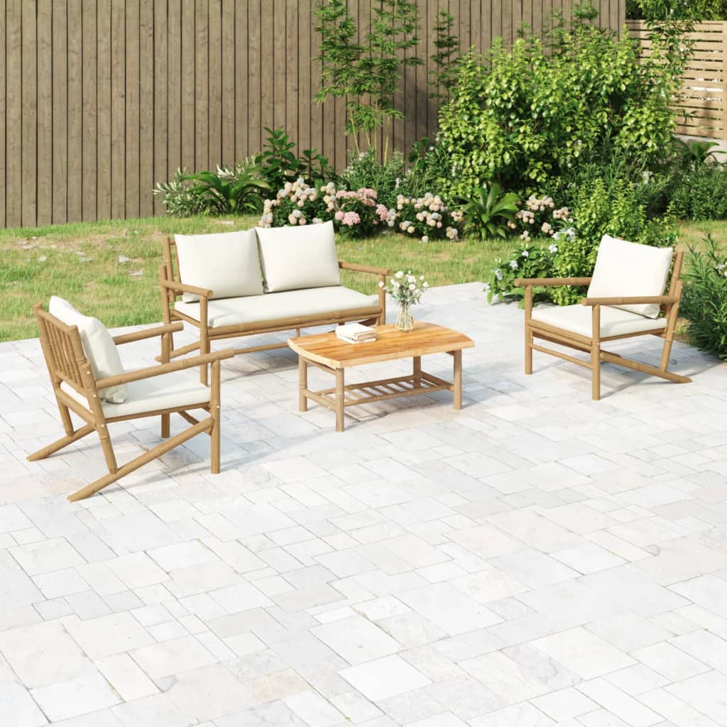 JUNG Vida 4-tlg. Garten-Lounge-Set mit Cremeweißen Kissen Bambus