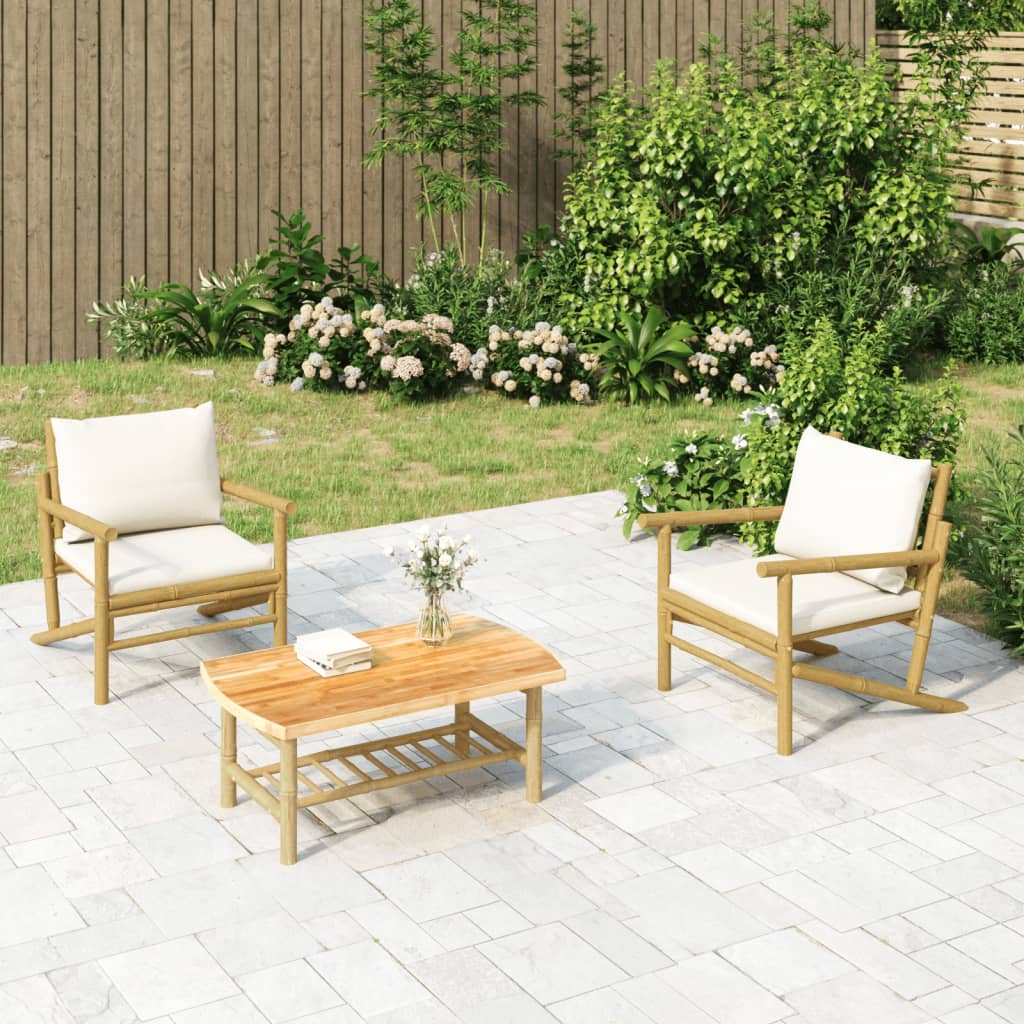 JUNG Vida 3-tlg. Garten-Lounge-Set mit Kissen Creme Bambus