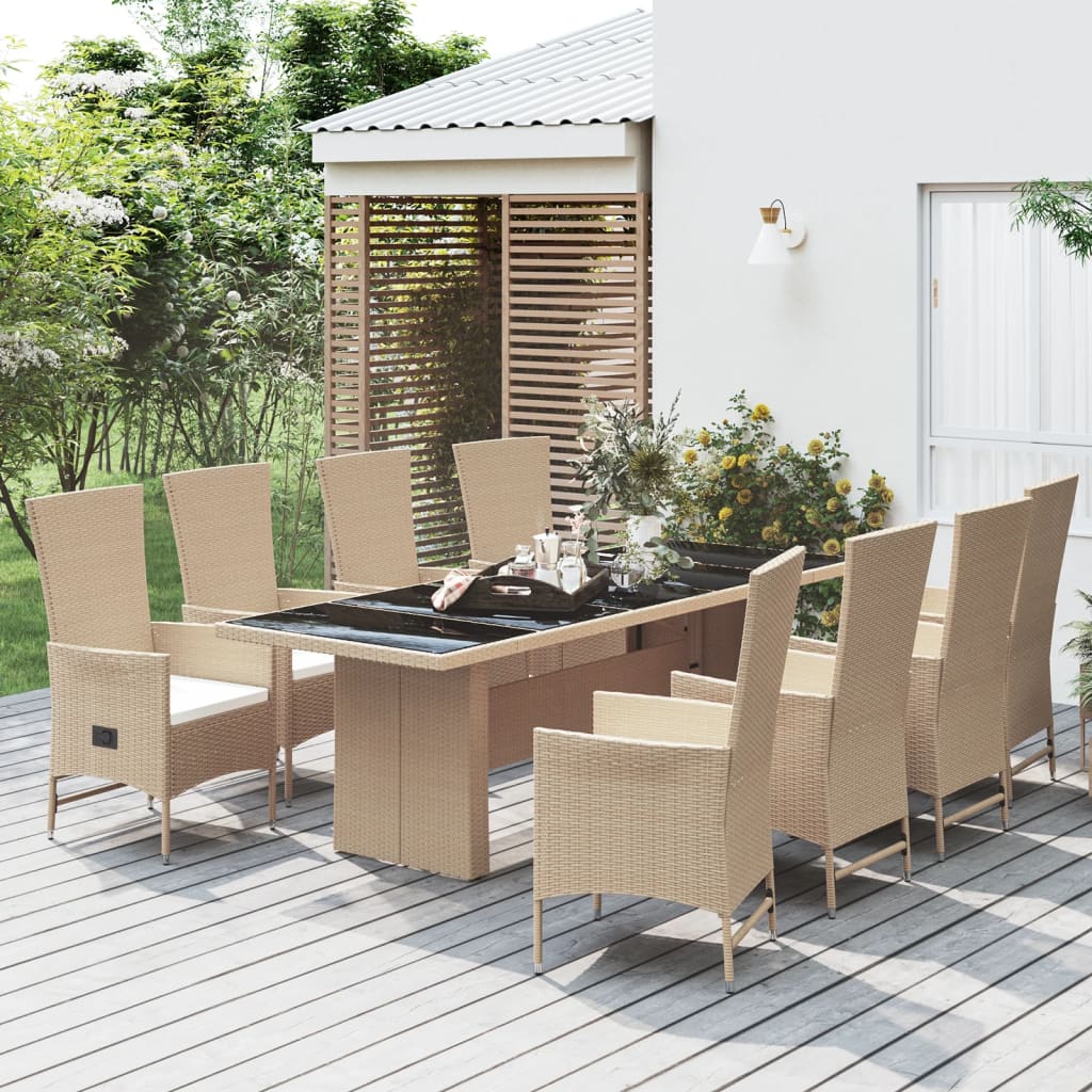 JUNG Vida 9-tlg. Garten-Essgruppe mit Kissen Beige Poly Rattan