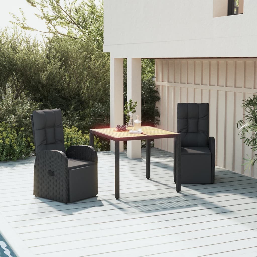 JUNG Vida 3-tlg. Garten-Essgruppe Schwarz Poly Rattan & Massivholz Akazie