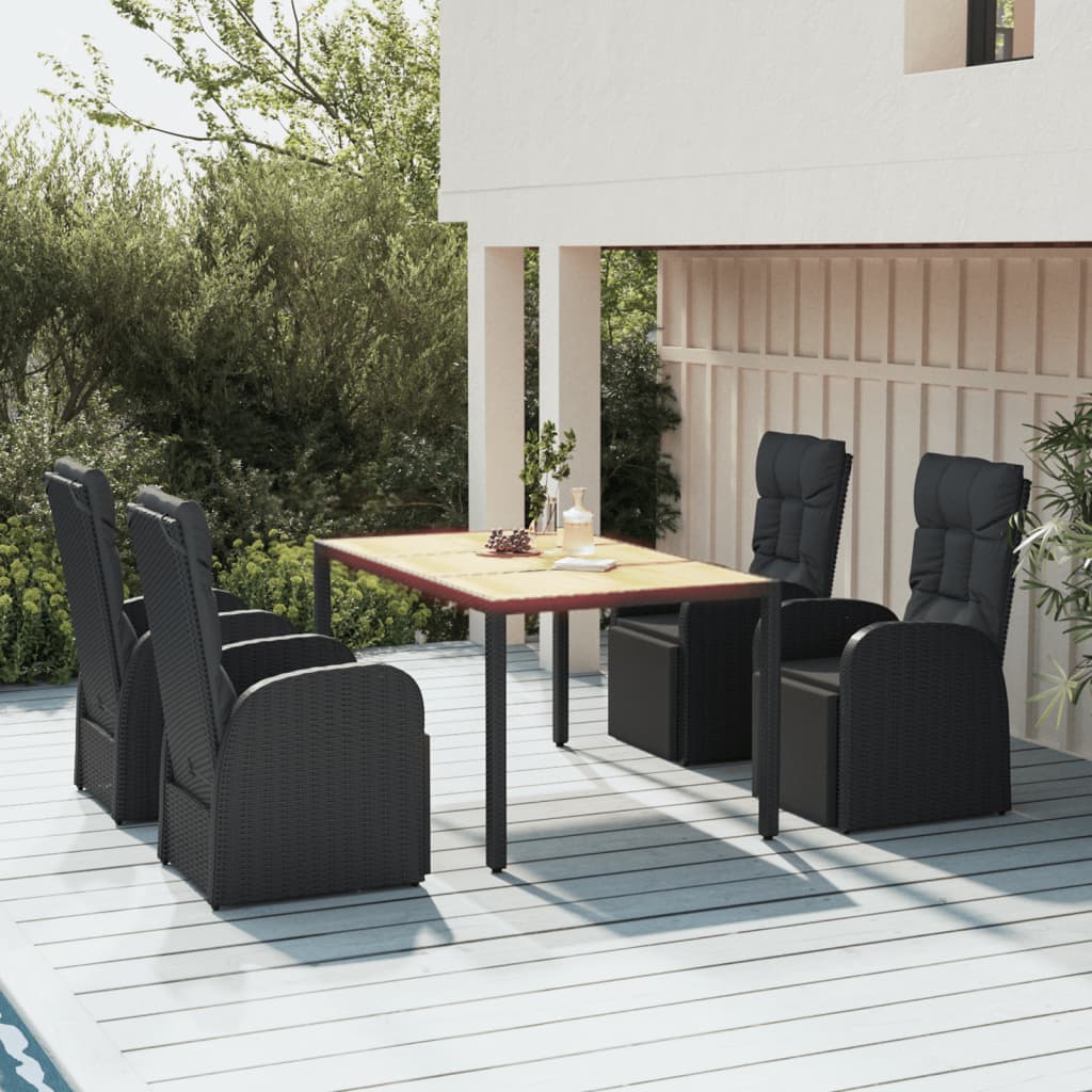 JUNG Vida 5-tlg. Garten-Essgruppe Schwarz Poly Rattan & Massivholz Akazie