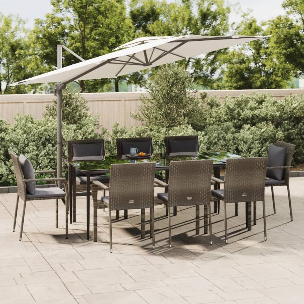 JUNG Vida 9-tlg. Garten-Essgruppe mit Kissen Schwarz und Grau Poly Rattan