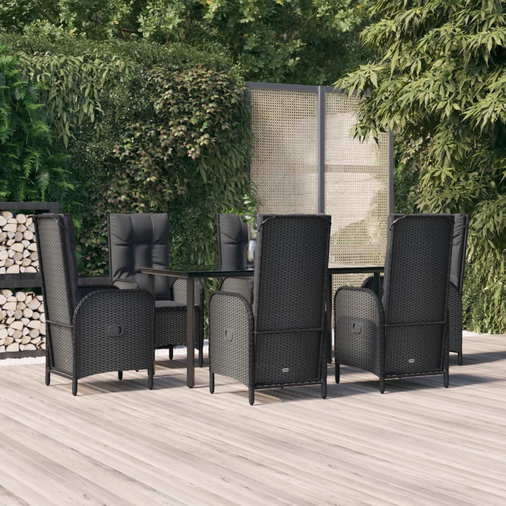 JUNG Vida 7-tlg. Garten-Essgruppe mit Kissen Schwarz Poly Rattan