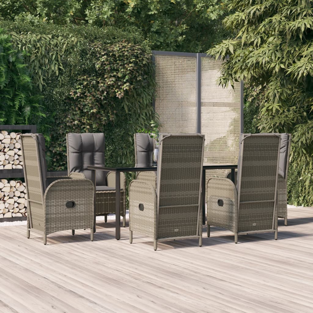 JUNG Vida 7-tlg. Garten-Essgruppe mit Kissen Schwarz und Grau Poly Rattan