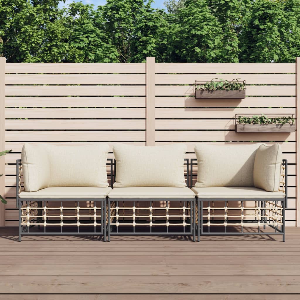 JUNG Vida 3-tlg. Garten-Lounge-Set mit Kissen Anthrazit Poly Rattan