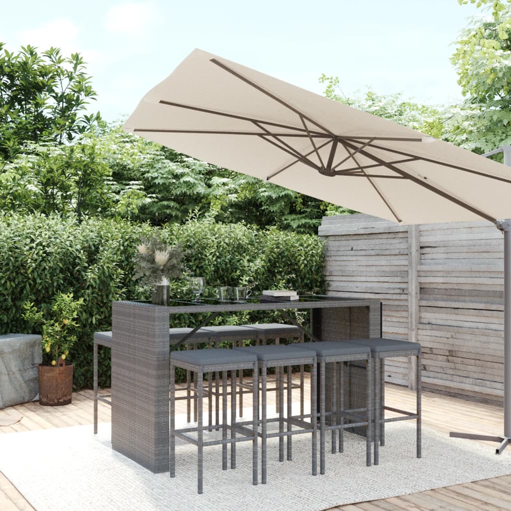 JUNG Vida 9-tlg. Gartenbar-Set mit Kissen Grau Poly Rattan