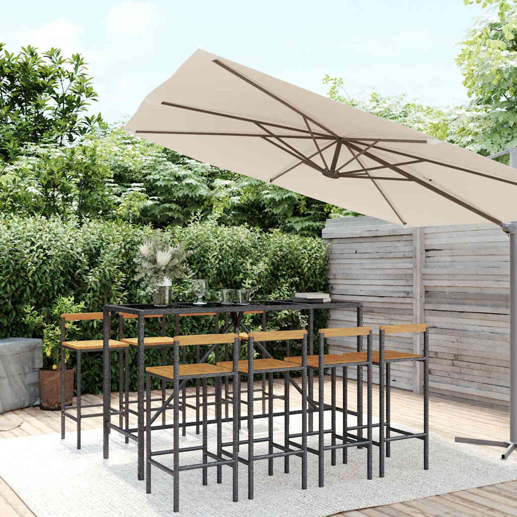 JUNG Vida 9-tlg. Gartenbar-Set Schwarz Poly Rattan & Massivholz Akazie