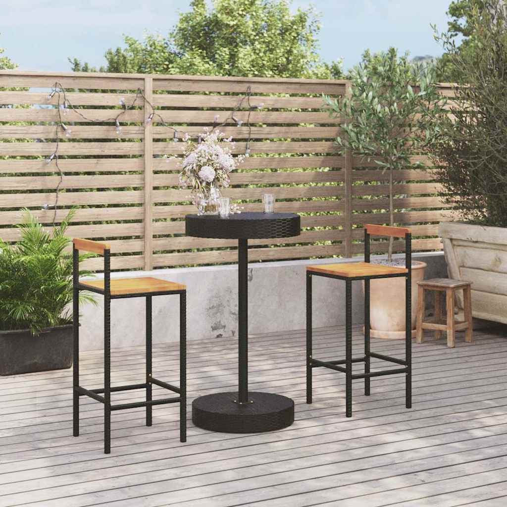 JUNG Vida 3-tlg. Gartenbar-Set Schwarz Poly Rattan & Massivholz Akazie