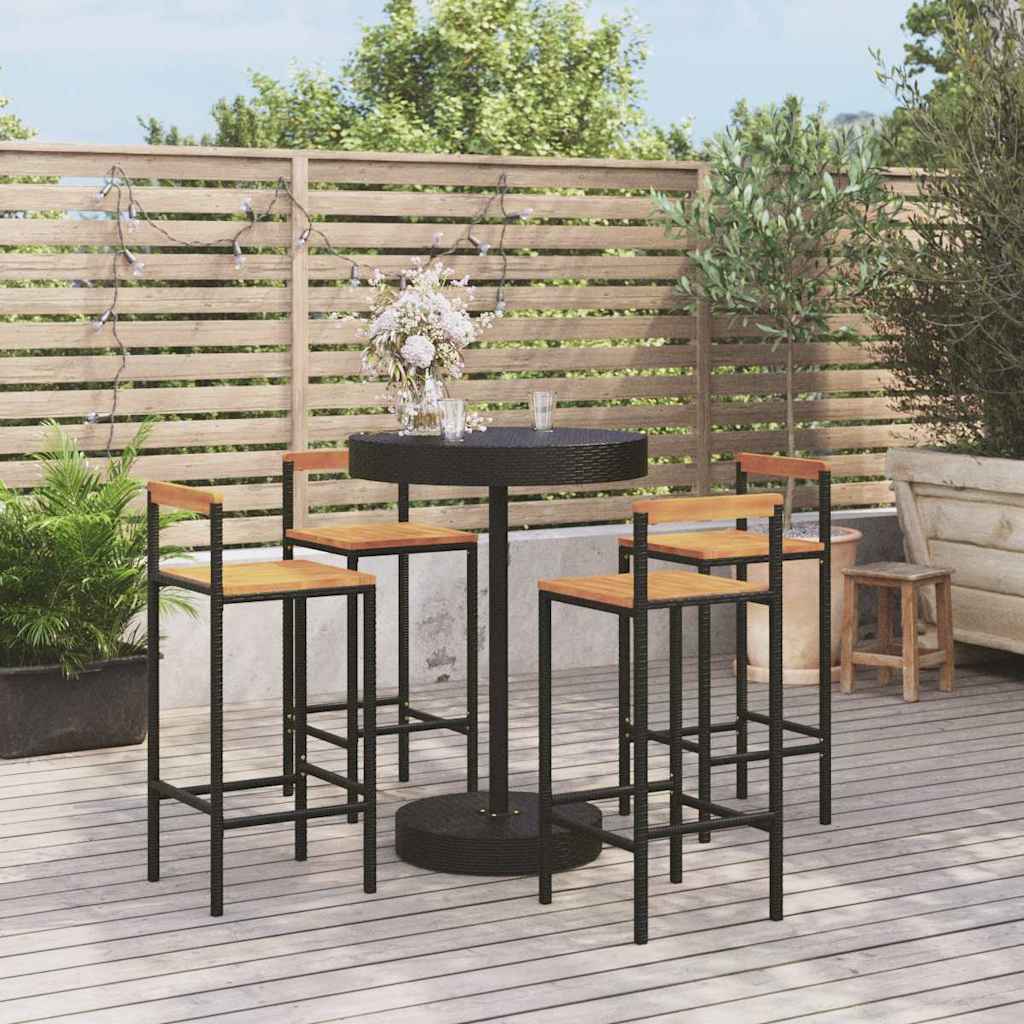 JUNG Vida 5-tlg. Gartenbar-Set Schwarz Poly Rattan & Massivholz Akazie