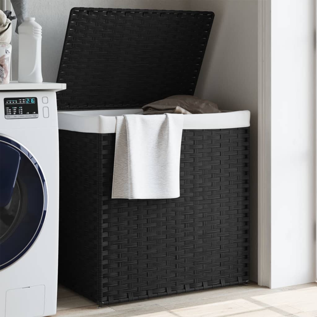 JUNG Vida Wäschekorb mit 2 Fächern Schwarz 53x35x57 cm Poly Rattan