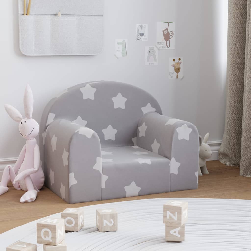 JUNG Vida Kindersofa Hellgrau mit Sternen Weich Plüsch