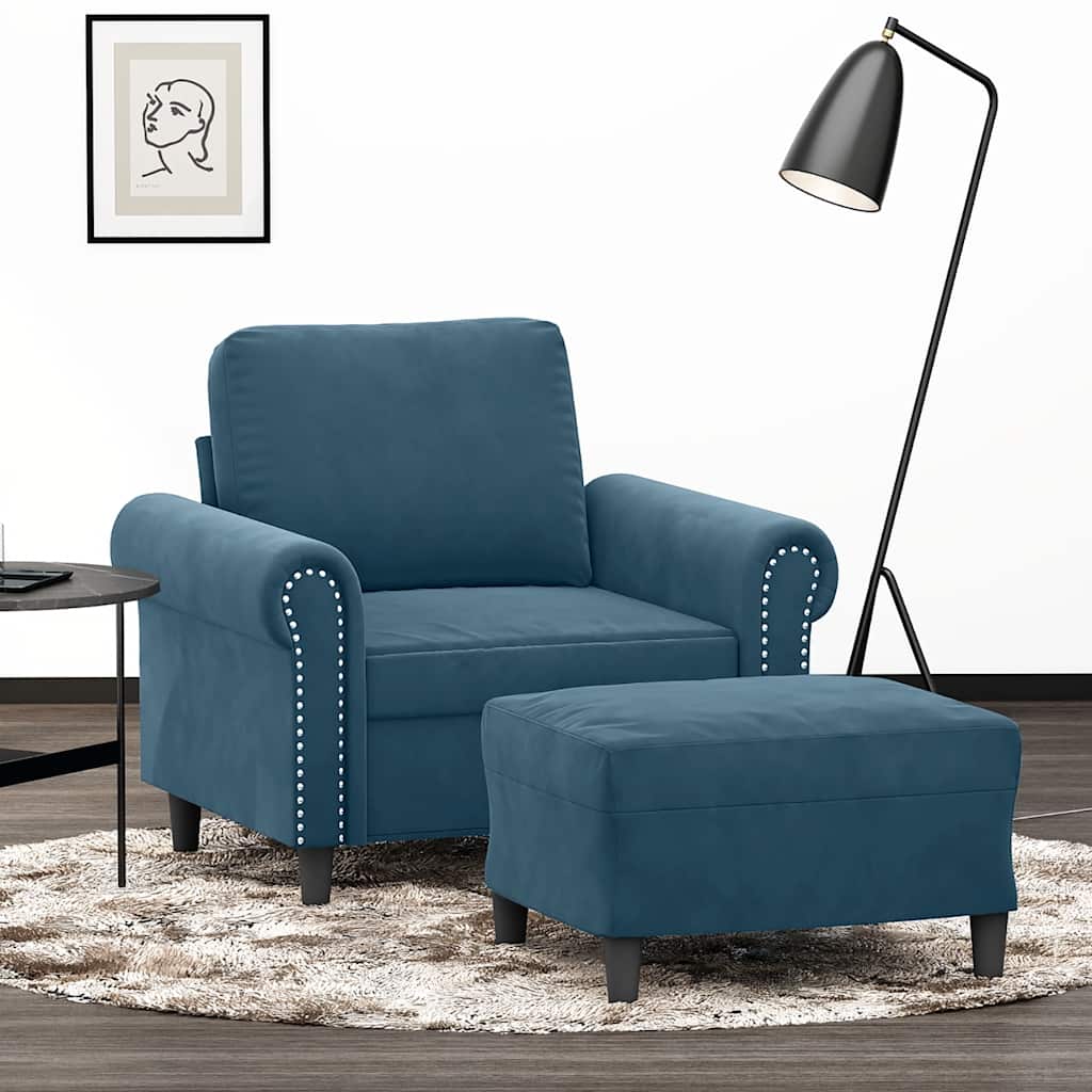 JUNG Vida Sessel mit Hocker Blau 60 cm Samt