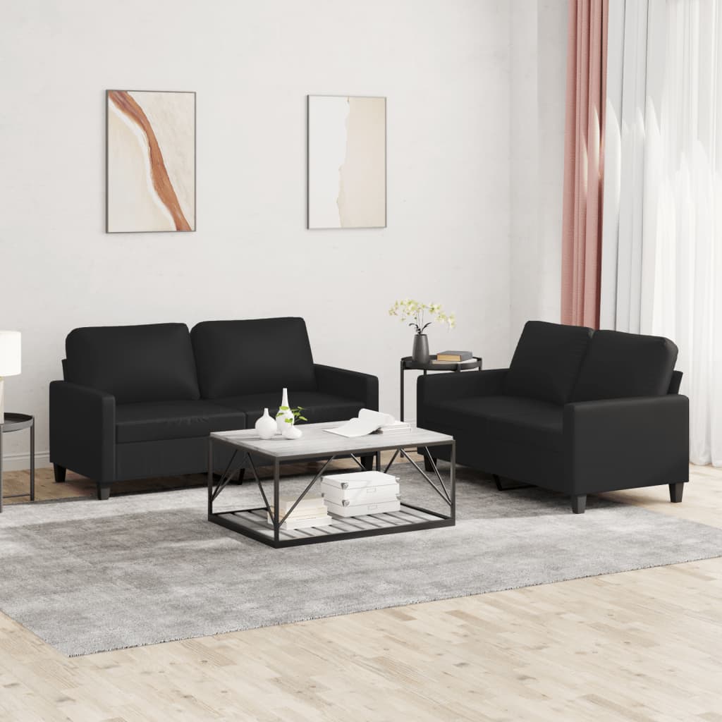 JUNG Vida 2-tlg. Sofagarnitur mit Kissen Schwarz Kunstleder