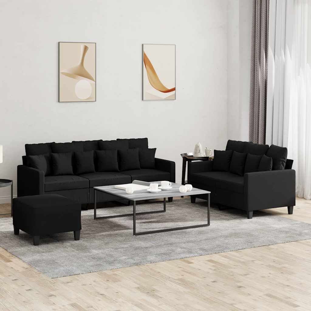 JUNG Vida 3-tlg. Sofagarnitur mit Kissen Schwarz Stoff