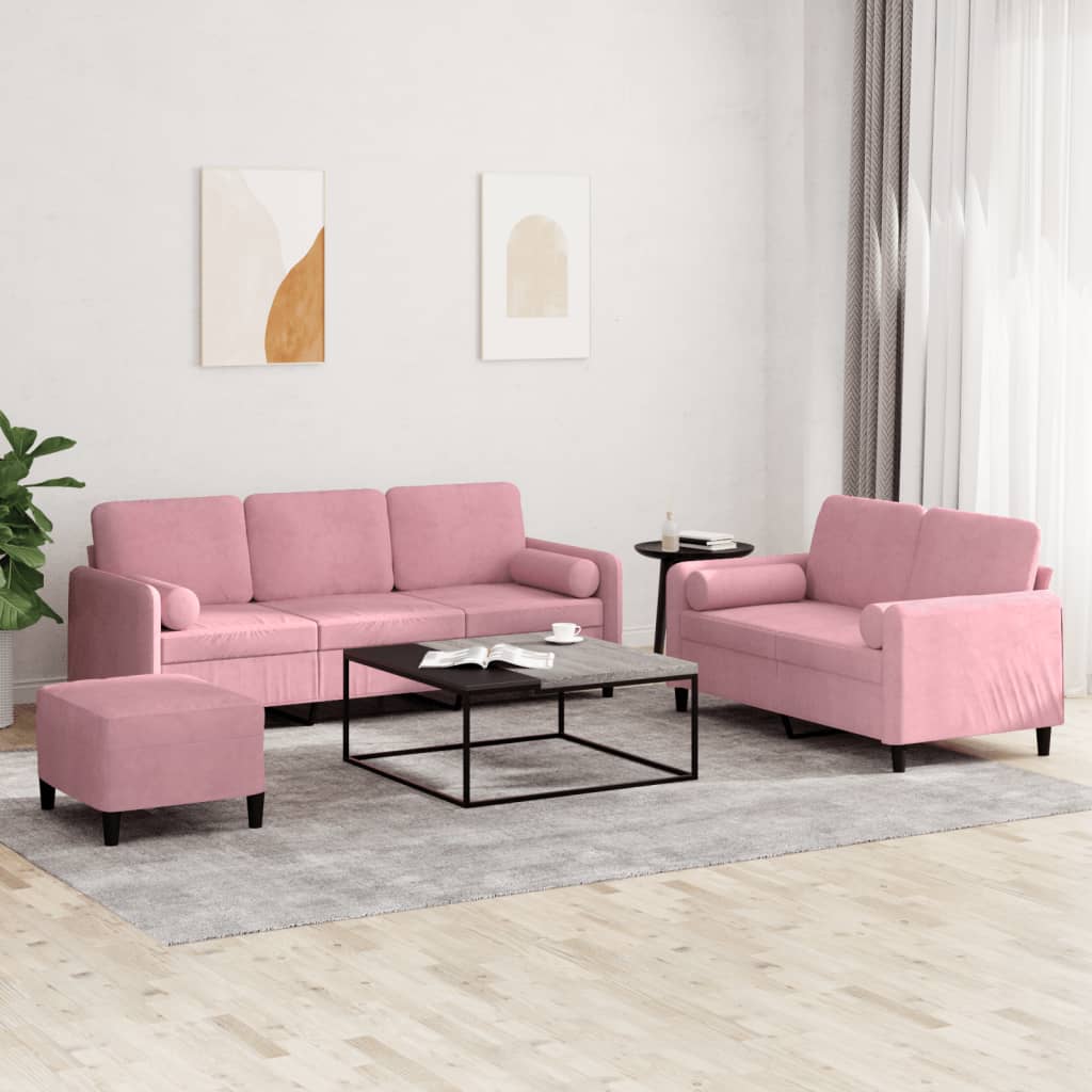 JUNG Vida 3-tlg. Sofagarnitur mit Kissen Rosa Samt