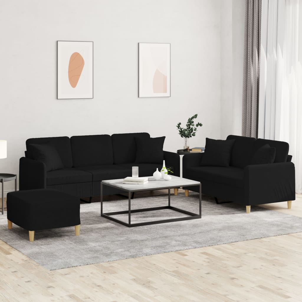 JUNG Vida 3-tlg. Sofagarnitur mit Kissen Schwarz Stoff