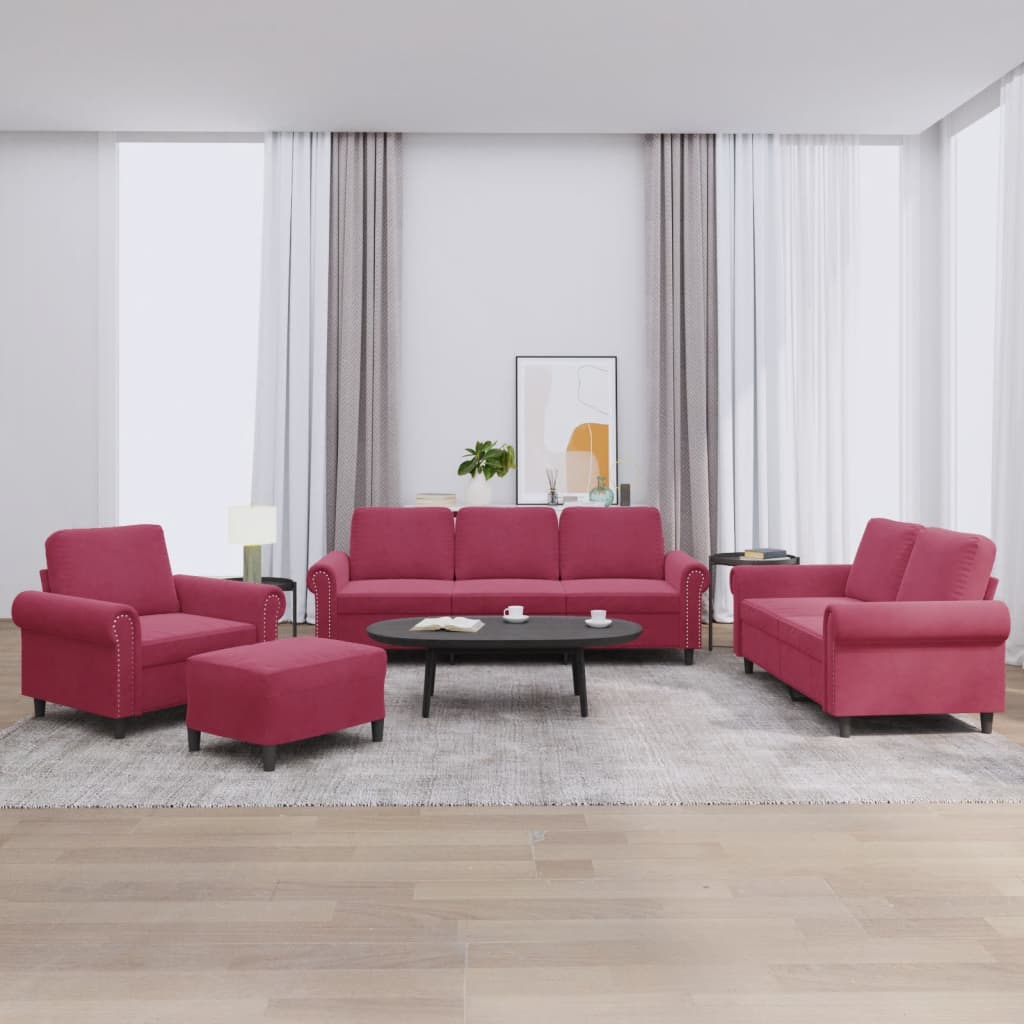JUNG Vida 4-tlg. Sofagarnitur mit Kissen Weinrot Samt