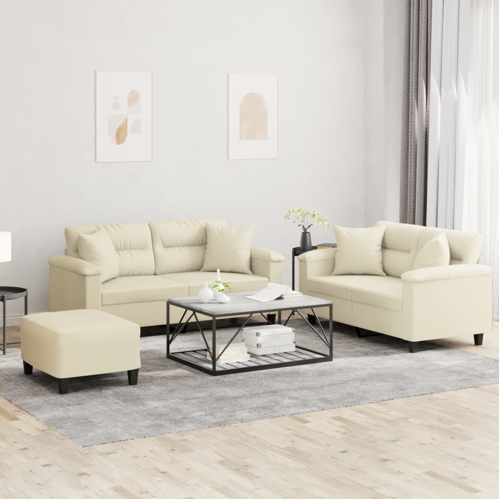 JUNG Vida 3-tlg. Sofagarnitur mit Kissen Creme Kunstleder