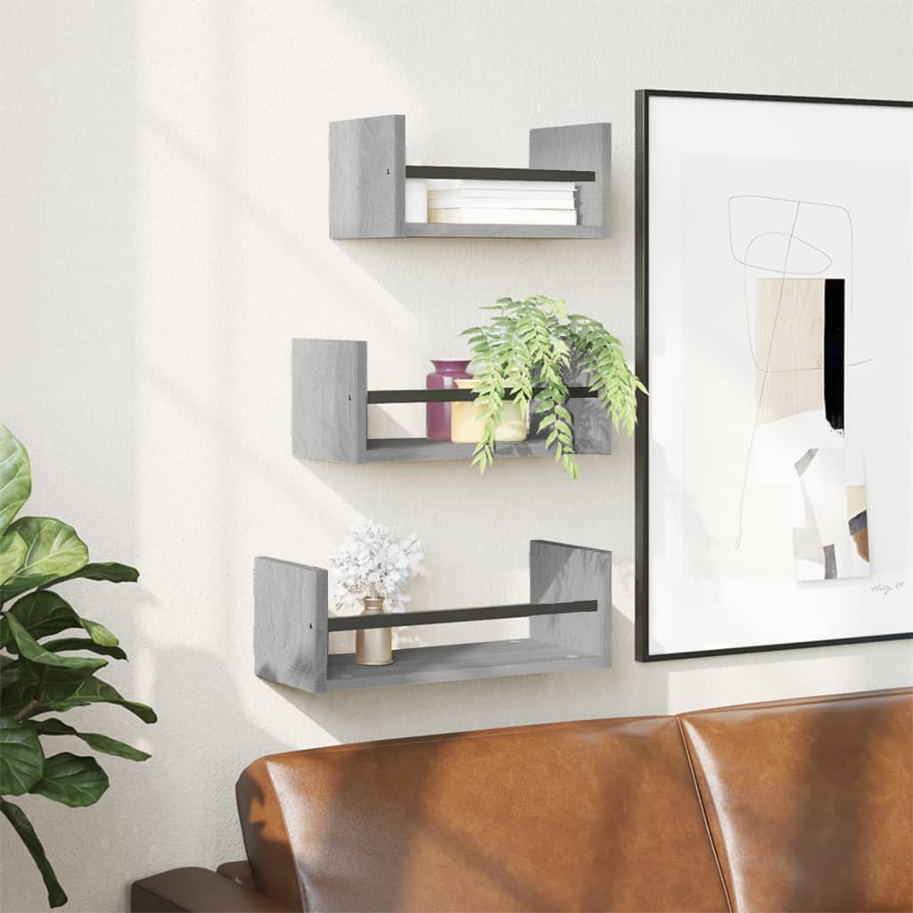 JUNG Vida 3-tlg. Wandregal-Set mit Stangen Grau Sonoma Holzwerkstoff