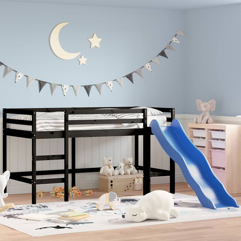 JUNG Vida Kinderhochbett mit Rutsche Schwarz 80x200 cm Massivholz Kiefer