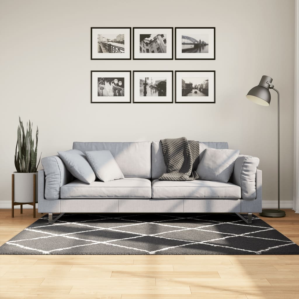 JUNG Vida Teppich Shaggy Hochflor Modern Schwarz und Creme 120x170 cm