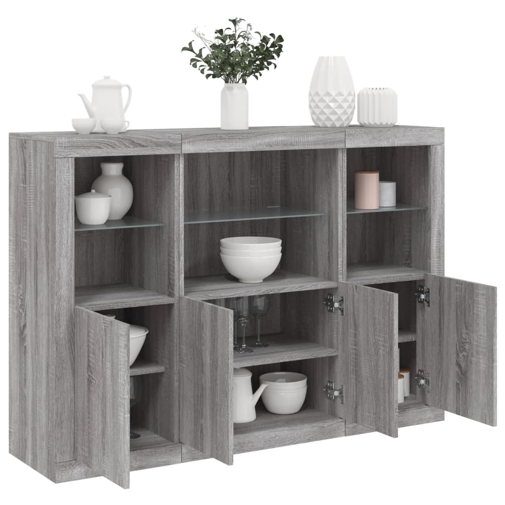 JUNG Vida Sideboards mit LED-Leuchten 3 Stk. Grau Sonoma Holzwerkstoff
