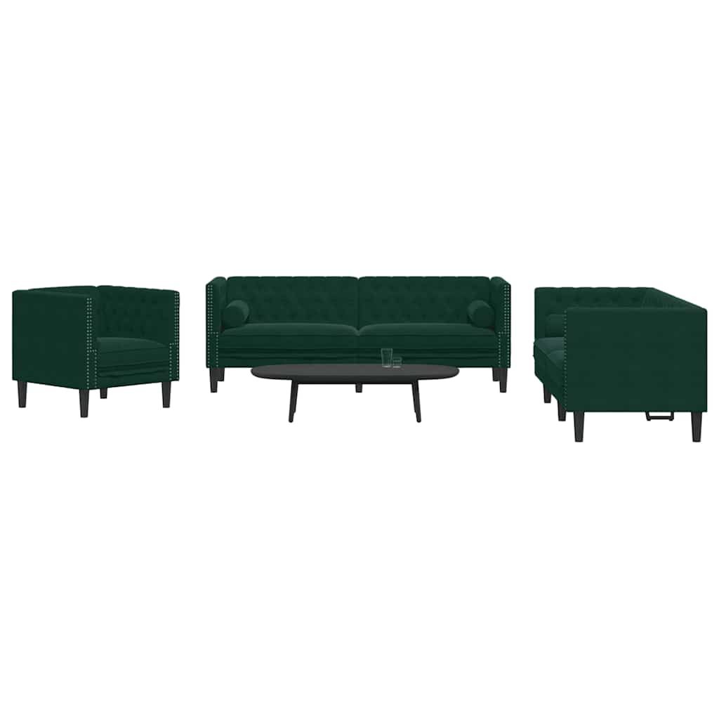JUNG Vida 3-tlg. Chesterfield-Sofa-Set mit Nackenrollen Dunkelgrün Samt