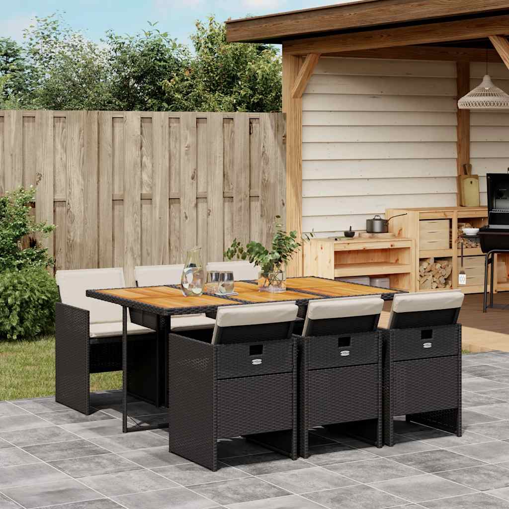 JUNG Vida 7-tlg. Garten-Essgruppe mit Kissen Schwarz Poly Rattan