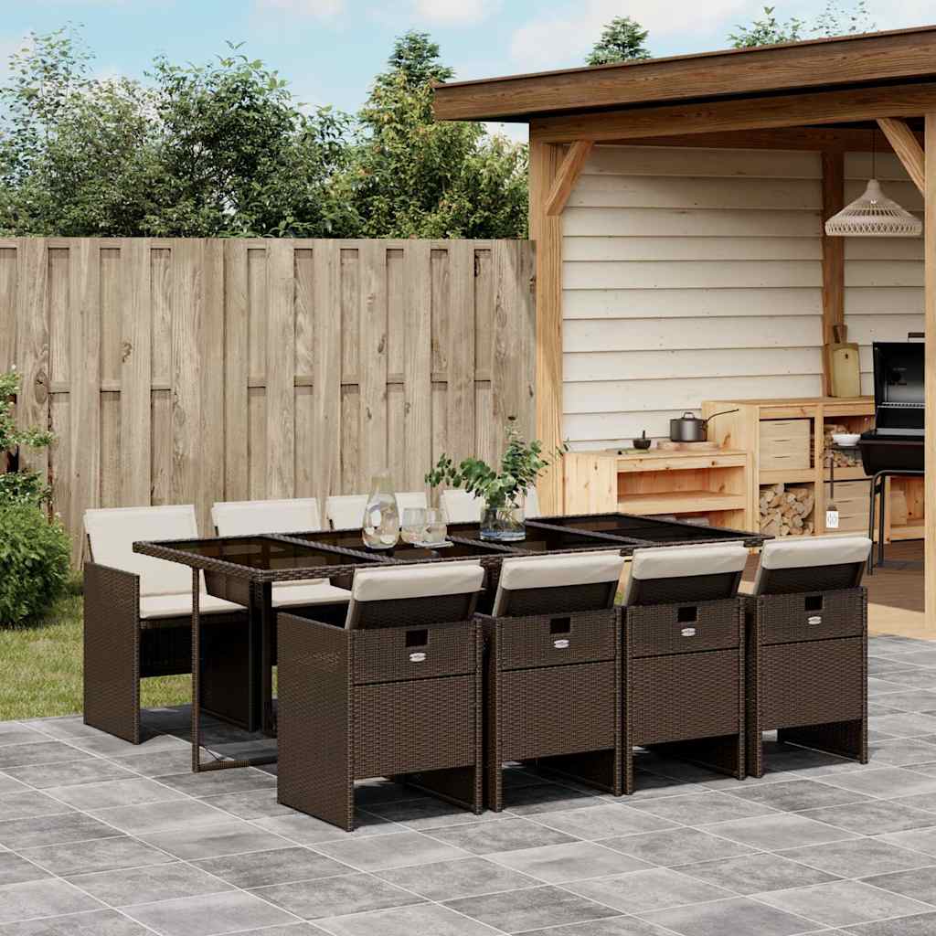 JUNG Vida 9-tlg. Garten-Essgruppe mit Kissen Braun Poly Rattan
