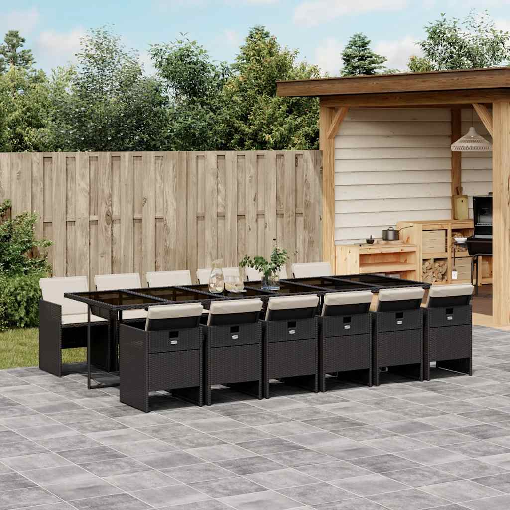 JUNG Vida 13-tlg. Garten-Essgruppe mit Kissen Schwarz Poly Rattan