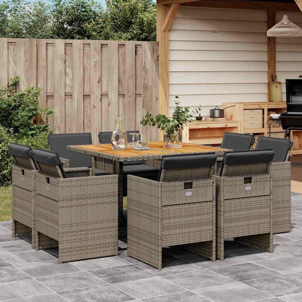 JUNG Vida 9-tlg. Garten-Essgruppe mit Kissen Grau Poly Rattan