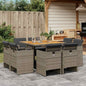 JUNG Vida 9-tlg. Garten-Essgruppe mit Kissen Grau Poly Rattan