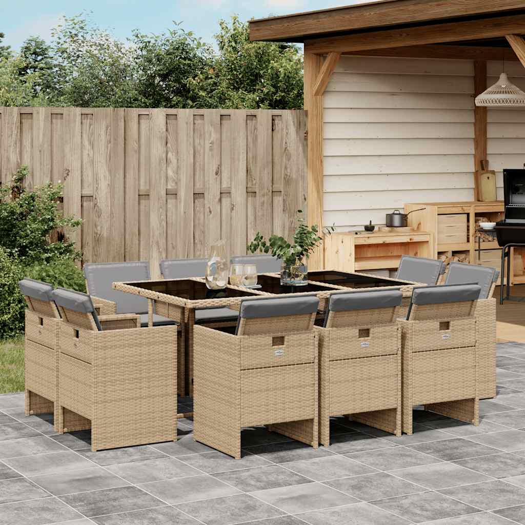 JUNG Vida 11-tlg. Garten-Essgruppe mit Kissen Beigemischung Poly Rattan