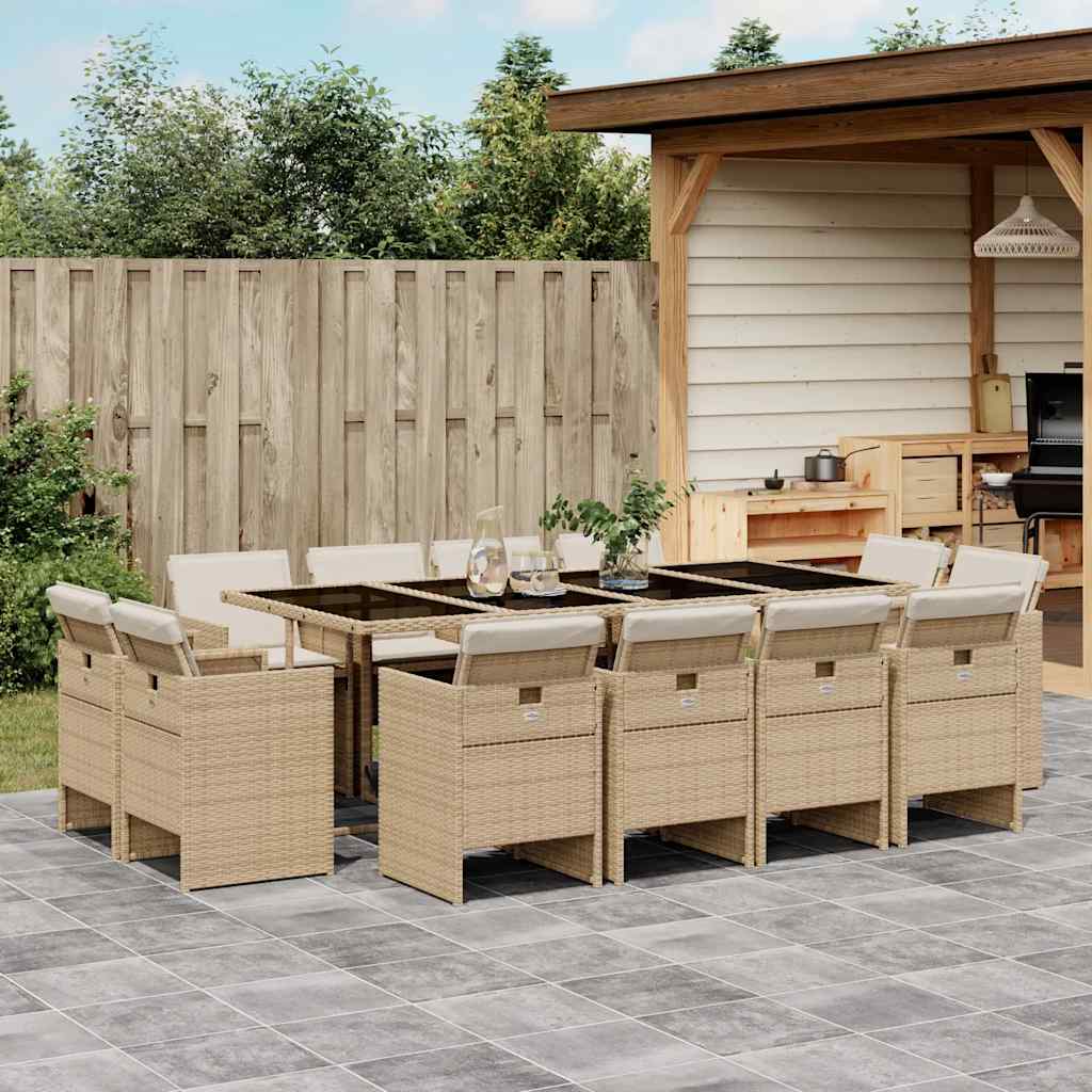JUNG Vida 13-tlg. Garten-Essgruppe mit Kissen Beige Poly Rattan