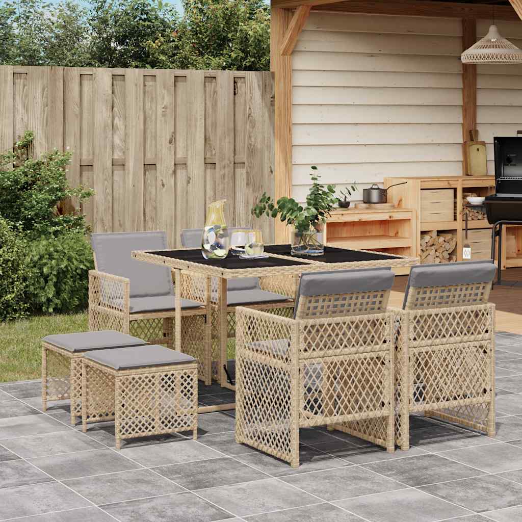 JUNG Vida 9-tlg. Garten-Essgruppe mit Kissen Beige Poly Rattan