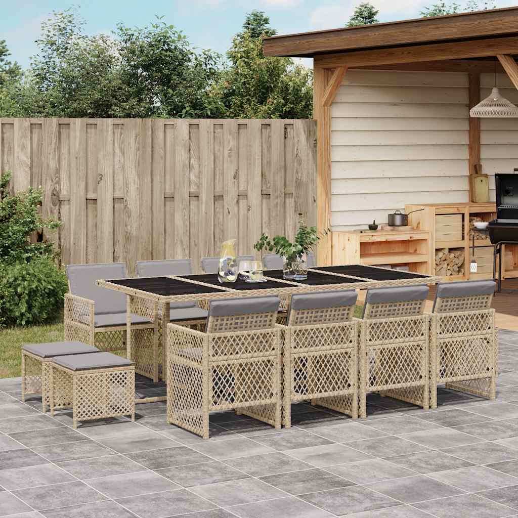 JUNG Vida 13-tlg. Garten-Essgruppe mit Kissen Beige Poly Rattan