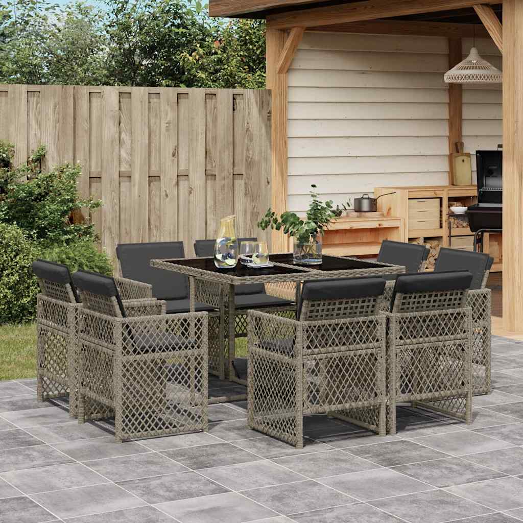 JUNG Vida 9-tlg. Garten-Essgruppe mit Kissen Grau Poly Rattan