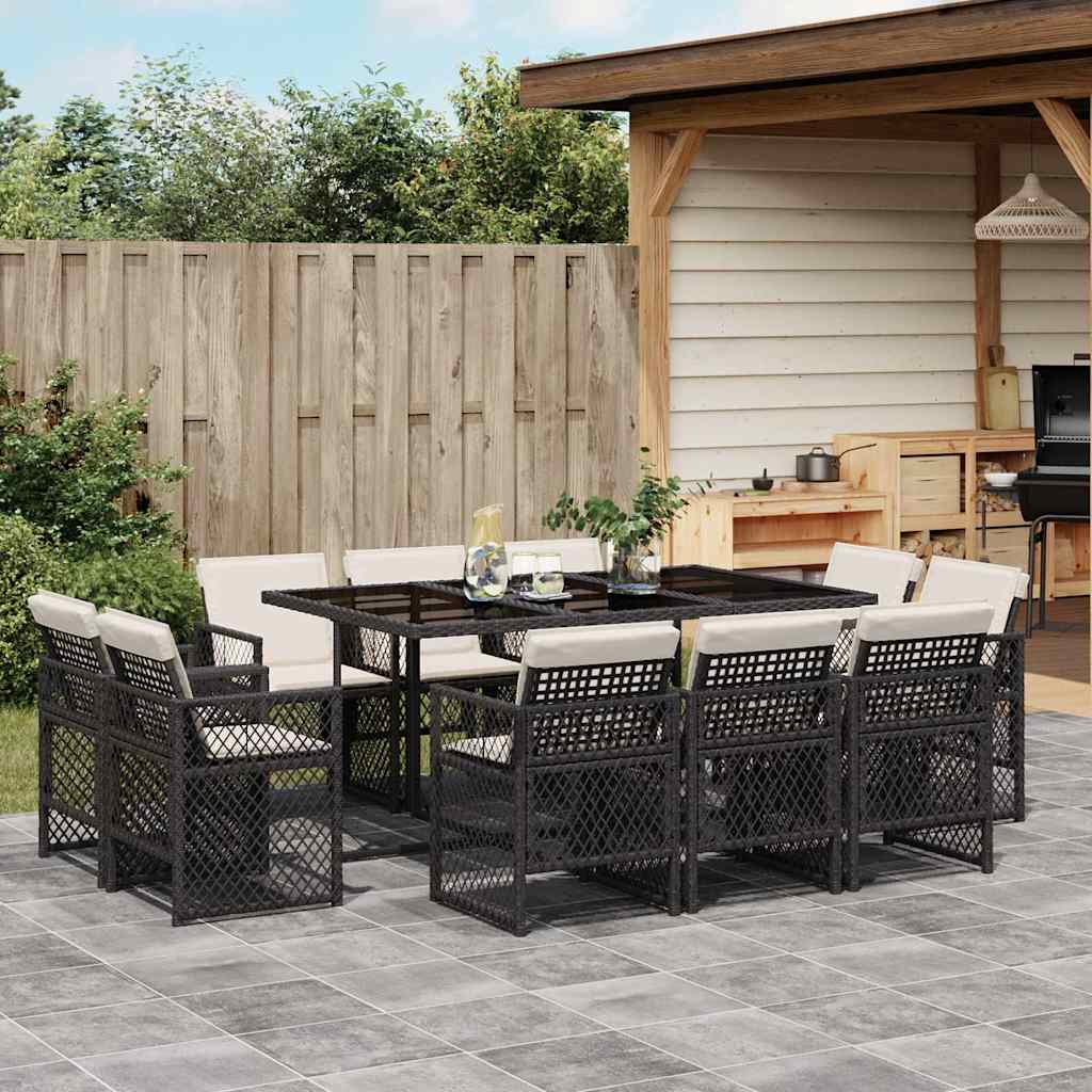 JUNG Vida 11-tlg. Garten-Essgruppe mit Kissen Schwarz Poly Rattan