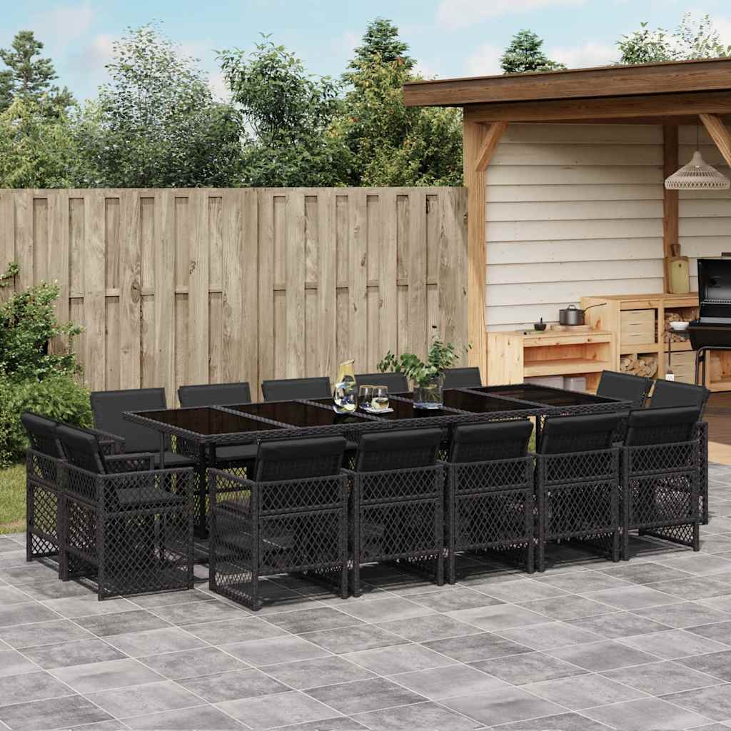 JUNG Vida 15-tlg. Garten-Essgruppe mit Kissen Schwarz Poly Rattan