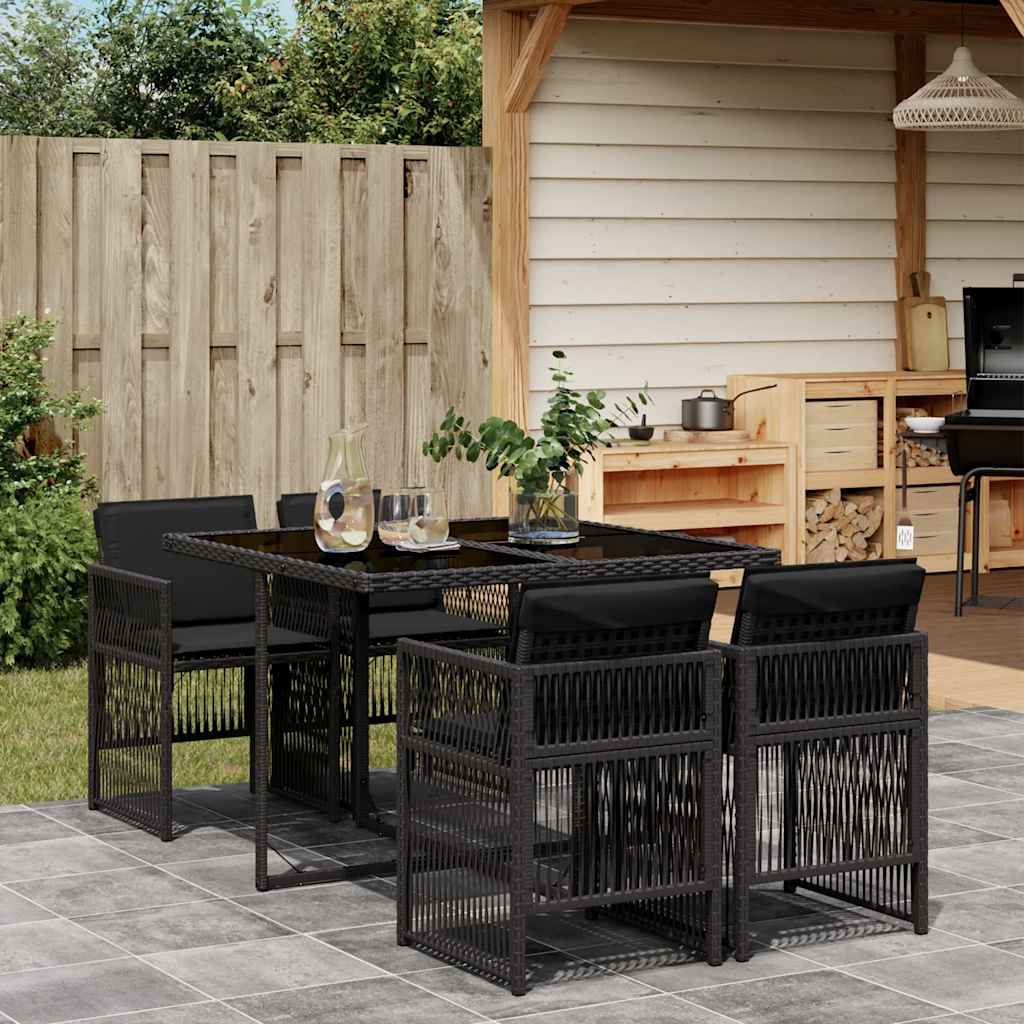 JUNG Vida 5-tlg. Garten-Essgruppe mit Kissen Schwarz Poly Rattan